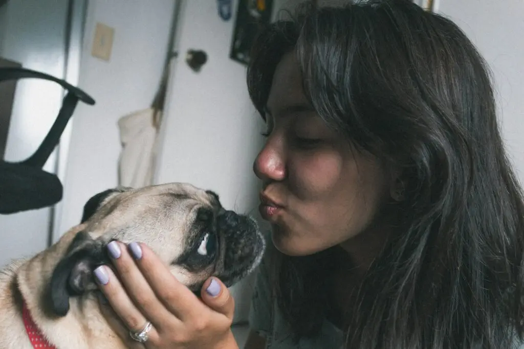 A woman with long dark hair about to kiss a pug dog