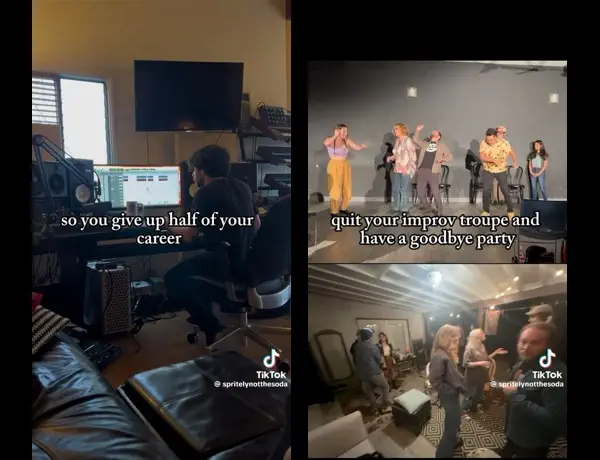 two tiktok screenshots that say that say “so you give up half your career” and “quit your improv troupe and have a goodbye party”