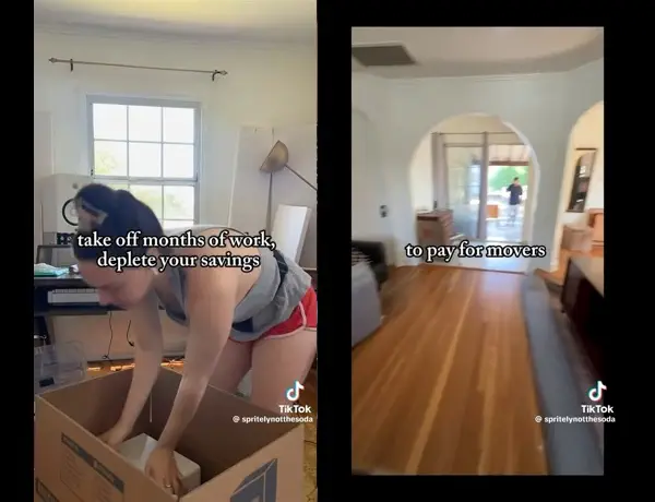 two tiktok screenshots that say “take off months of work, deplete your savings to pay for movers”