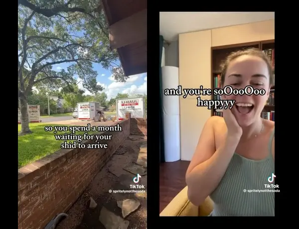 two tiktok screenshots that say “so you spend a month waiting for your shid to arrive” and “and you’re so happy”