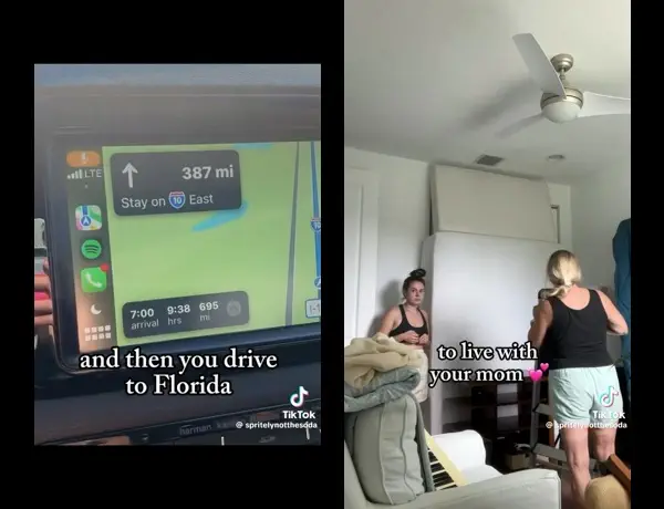 two tiktok screenshots that say “and then you drive to florida to live with your mom”