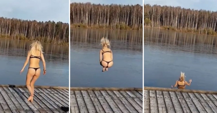 Woman’s Icy Cannonball Jump Only Ends In Embarrassment